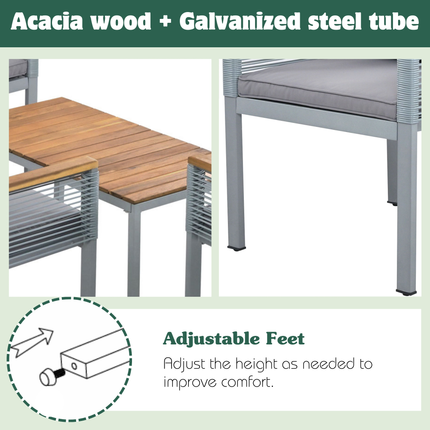 Tuin sitkamerstel, Tuinmeubelstel met gemaklike kussings, Dubbelbank, 2 Leunstoele en Tafel, Buite, Rottang, Tafel en Stoele, Grys