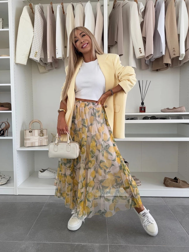 Summer New Mesh Lemon Printing Elastic Waist Large Swing Casual Skirt Women