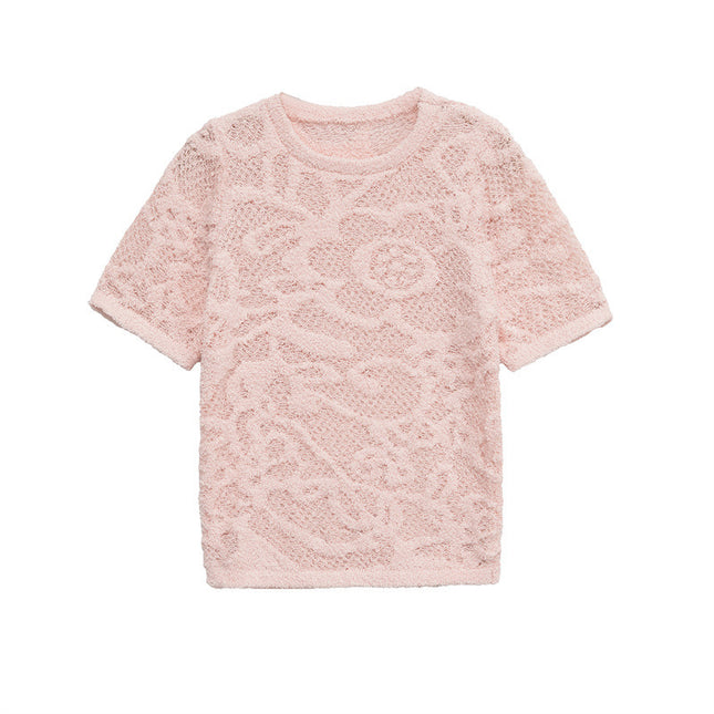 Flower Print Texture Knitted Short-sleeved Shirt