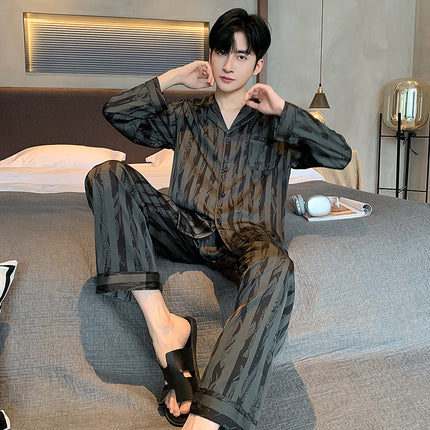 High-grade Ice Silk Men's Pajamas V-neck Thin Trousers Long Sleeve Two-piece Set