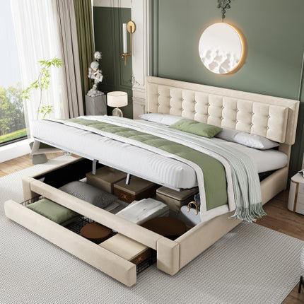 Gestoffeerde Koninggrootte Bed 150x200cm Fluweelstof Dubbelbed Groot Bergingspasie, Met Latte En Kopstuk, Sonder Matras, Grys