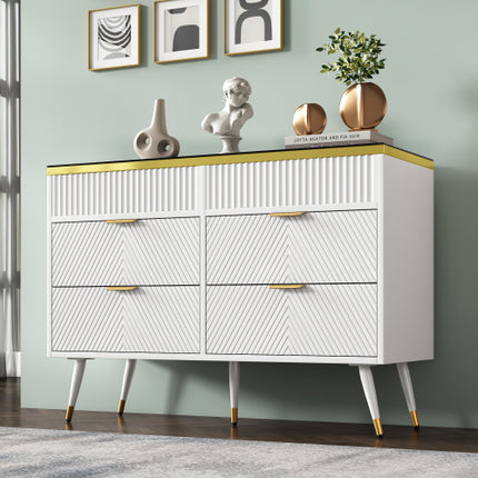 Buffetkas met 6 laaie, Amberglas-laaikas, Kompartementeleberging, Teen-omval, Kaptafel vir Sitkamer, Gang, Slaapkamer en Kinderkamer, 120 X 40 X 76 Cm, Wit