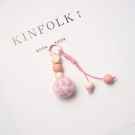 Wooden Bead Pompom Keychain Sweet Bag Charm