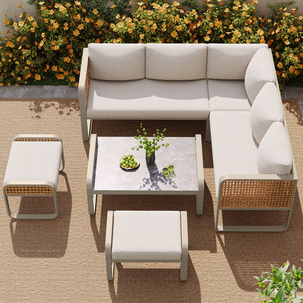 Outdoor Garden Lounge Set, Rattan Furniture Set For 6-7 People, Corner Sofa With Galvanised Iron Frame, Adjustable Legs, Includes All Seat And Back Cushions, Beige