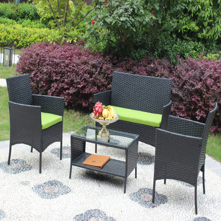 4 ST Rattan Patio Meubelstel Buite Patio Opgestopte Sitplek Rieten Bank Groen Kussing