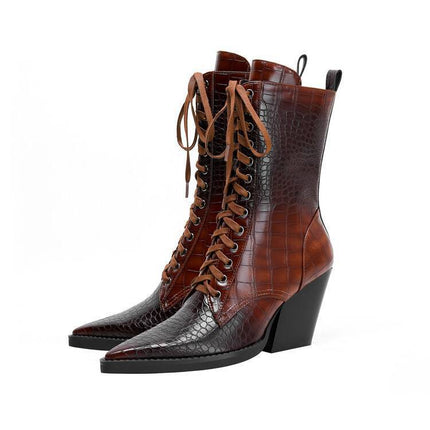 Retro Pointed Stone Pattern Chunky Heel Simple Lace High Heels Fashion Boots