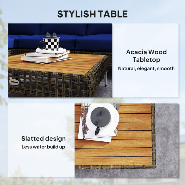 7-stuk Rattan Patio Meubelstel, Modulêre Buitelug-seksiebank met Verdikte Kussings, Akasiahouttafel, Bruin/Blou