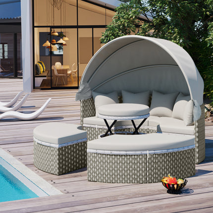 TOPMAX Patio Meubels Ronde Buitelug Seksionele Sofa Stel Rattan Dagbed Tweekleurige Weef Sonbed Met Intrekbare Afdak, Aparte Sitplekke En Verwyderbare Kussing, Grys
