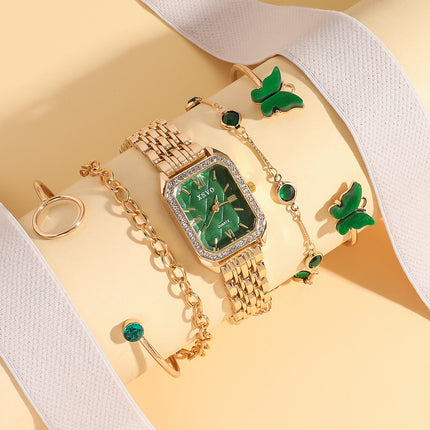 Wilde Smaragreën Vierkantige Staalhorlosie Vlinderarmband 5stk Stel Geskenkstel