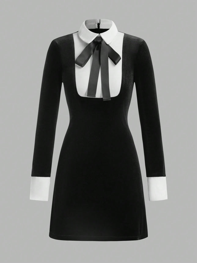 Women's Contrast Collar Maid Style Long Sleeve Short Dress