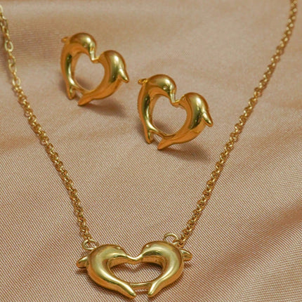 Lxalry 18K Gold Plated Heart Dolphins Mirror Jewelry Set  Hypoallergenic Skin Safe Necklace   Stud Earrings For Couple S Gift Daily Wear  Never Fade Adjustable Luxury With Precision Cast Symmetry
