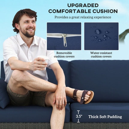 Patiobank PE Rattan Diep Sitplek Buitelugbank Met Verwyderbare Kussings, 3-Sitplek Rattan Sofa, Buitelugmeubels Vir Balkon, Dek, Tuin En Swembad, Donkerblou