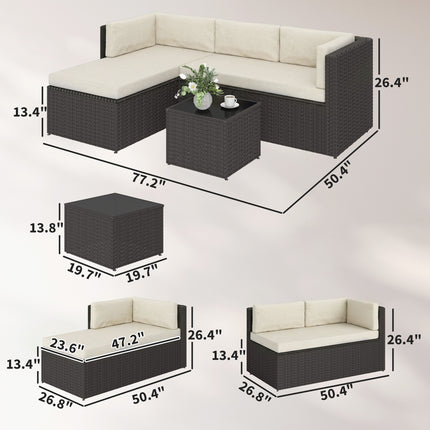 3 Stuk Patio Meubelstel, Rieten Buitelug Patio Gespreksmeubelstel met Kussings, Glasbladtafel, Beige