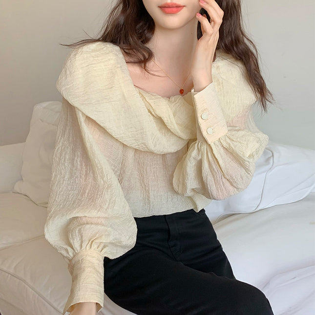 Spring Gentle Elegant Boat-neck Off-the-shoulder Design Loose Puff Sleeves Chiffon Shirt Top For Women