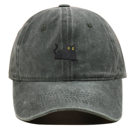 Black Cat Embroidered Washed Baseball Cap Sun Hat