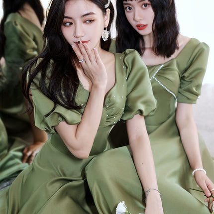 2024 Avocado Green Sisters Group Dress Skirt Women Satin Spring