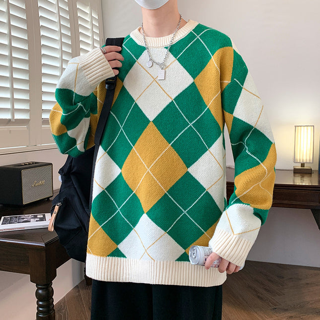 Rhombus Plaid Crew Neck Sweater Men's Autumn And Winter Thickened