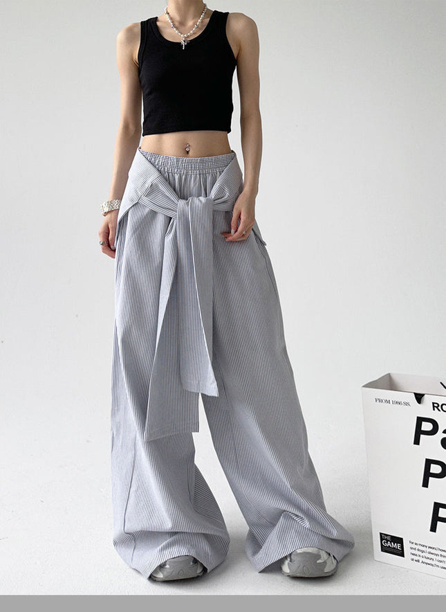 Lace-up Loose Straight Striped Wide-leg Pants Design Sense