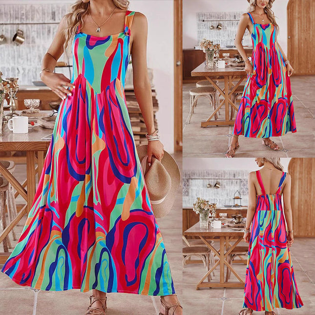 Printed Pattern Sling Pocket Stitching Dress