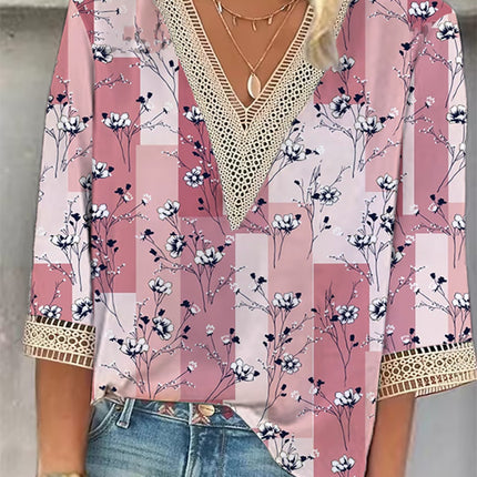 Women's Loose New Multi-color Floral Print Stitching Lace Mid-sleeve V-neck T-shirt