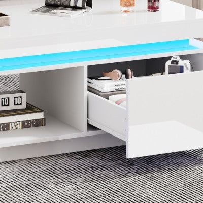 Hoëglans LED-koffietafel met laaistoorplek, Hout middeltafel met RGB LED-ligte Reghoekige teetafel vir sitkamermeubels, Wit koffietafel met oop uitstalrak
