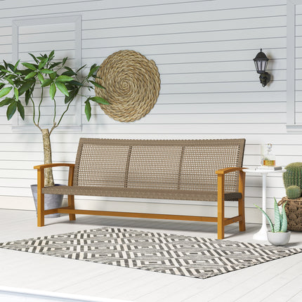 3-Sitplek Wicker Buitenbank Patiobank, Acaciahout Patiomeubels met Staalsitplek Armleunings, 1000 LBS Kapasiteit, Teakhout