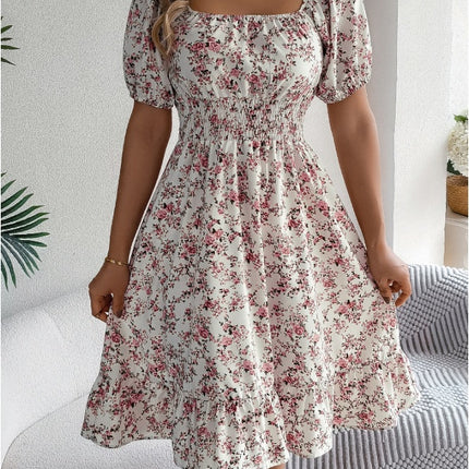 Spring Summer Casual Vacation Puff Sleeve Drawstring Short Sleeve Floral Dress