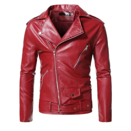 Slim Casual Leather Jacket With Lapel Diagonal Zipper