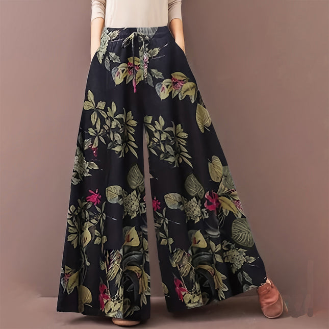 Plus Size Botanical Print Tie Women'S Casual Waisted Loose Wide Leg Pants