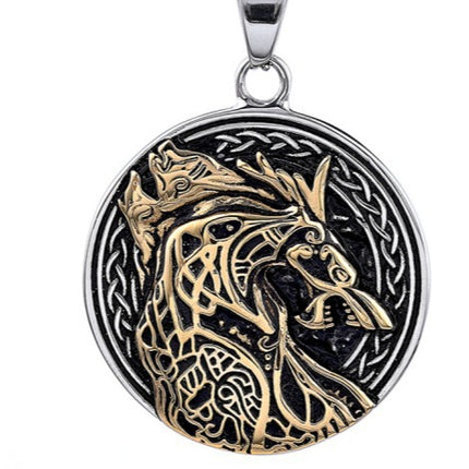 Persoonlike Wolfkop-Totem Titaanstaal Swart-en-Goud Kontras-Hanger