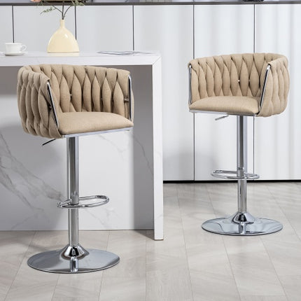 360-grade Draaibare Kroegstoele Met Stofbekleedsel, Stel Van 2, Verstelbare Kroegstoele Met Gevlegde Rugleuning En Voetstut, Silwer Verchroomde Kroegstoele Vir Kombuiseiland, Kafee, Kroeg