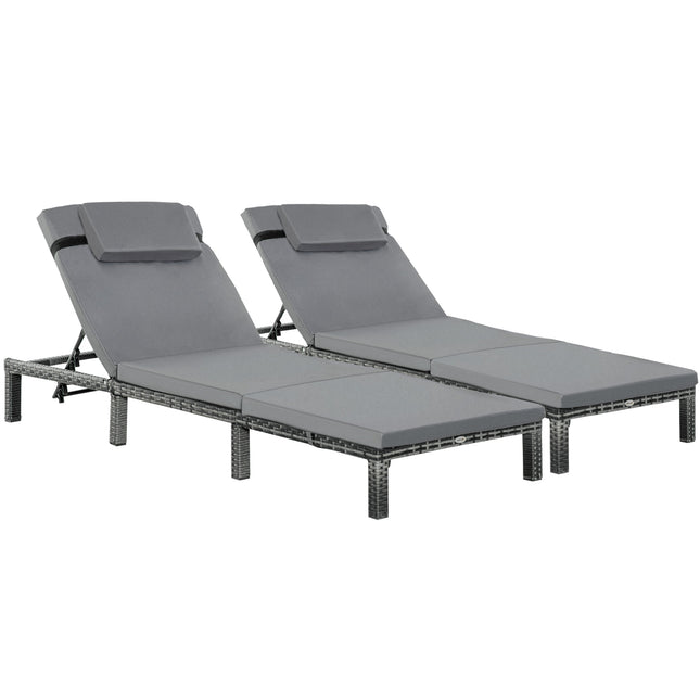 2 Pieces Outdoor PE Rattan Sun Loungers Set Of 2 With Cushion, Garden Wicker Sunbed Furniture With 5 - Level Recliner Backrest, Grey