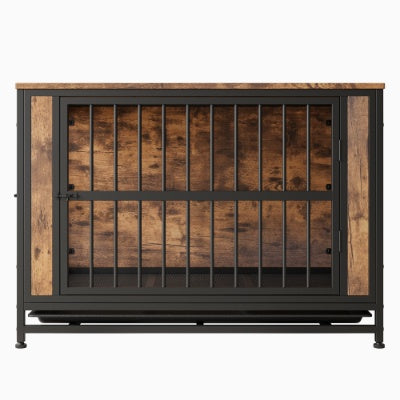 Dog Crate Furniture, Wooden Dog Crate Table, 38.9 Dog Kennel With 2 Sliding Doors And Thick Iron Door Frame, Decorative Pet Crate House For Large Medium Small Dog Indoor Use  Rustic Brown