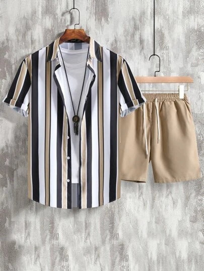 Striped Contrast Color 3D Printing Vacation Shirt Shorts 2 Pieces Suit