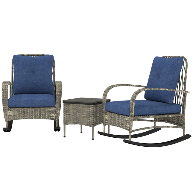 3-stuk Rietsitkamerstel, Buitenste PE Rattan-skudstoele met Koffietafel, Kussings vir Stoep, Grys