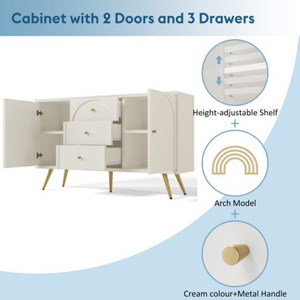 Buffetkas Vir Sitkamer, Laaikas Met 2 Deure En 3 Laaie, Verstelbare Rak, Roomwit, 40D X 140W X 84H CM