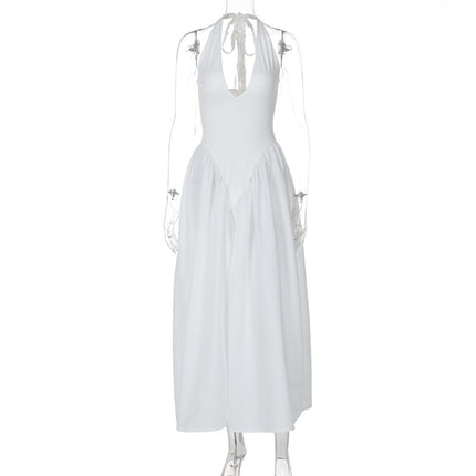 Hot New Sexy Solid Color Deep V Neck Hollow Out Halter Elegant Flared Hem Dress For Women