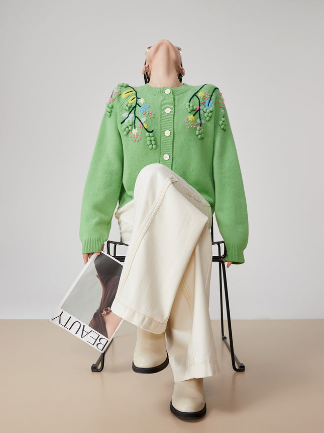 Green Handmade Three-dimensional Embroidered Round Neck Knitted Cardigan For Women