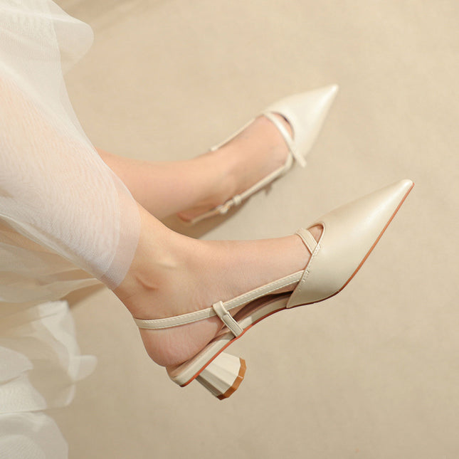 Women's Chunky Heel Low Heel Pointed Leather Stitching Fashion Sandals