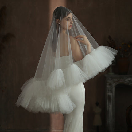 Swaar Nywerheid Gerimpelde Bruidsluier Wit Dubbellaag Studio Reis Foto Buite Pluizige Sagte Sluier