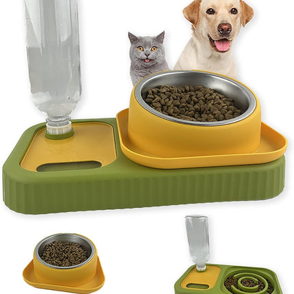 Cat Dog Food And Water Bowl Set Double Food Bowls With Automatic Gravity Water Bottle Raised Slow Feeder Detachable Stainless Steel Bowl 15Tilt Elevated No Spill Dispenser