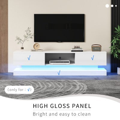 160 Cm TV-Stand Met 16 Kleur RGB LED Ligte, Hoogglans Voorkant TV-Kabinet Met 2 Laaie En 1 Oop Bergruimte, TV-Eenheid Vir 70-79 Duim TV Vir Sitkamer, Wit