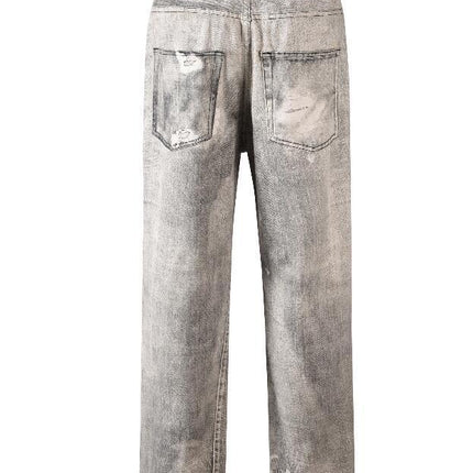 Men's Daddy Pants Ground White Gray Wash Hole With Cat Whisker Jeans
