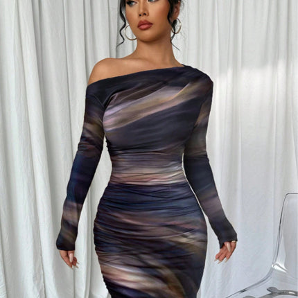 Pleated Slim Fit Long Sleeve Narrow Diagonal Collar Dress Women's Clothing