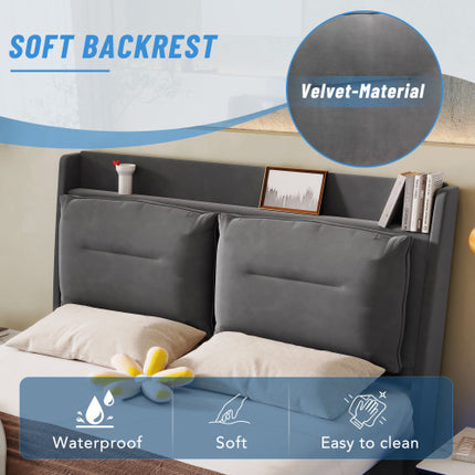 Upholstered Bed, 135x190  4ft6, Double Bed, Hydraulic Bed, 2-in-1 Storage Drawers At The End Of The Bed, Recessed LED Light Strips On Both Sides Of The Bed, Slatted Frame, Velvet,Dark Gray