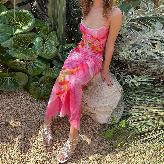 Women's Flower Print Sleeveless Split Slim Fit Dress