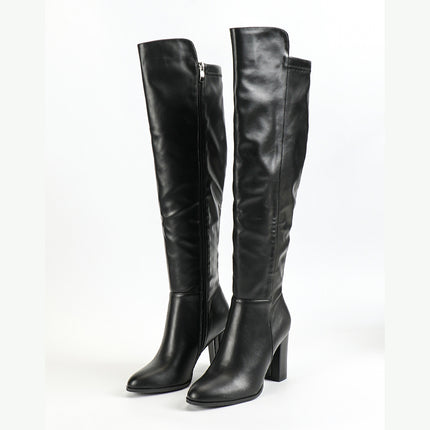 Women's Side Zipper Design Pointed Toe Chunky Heel Long Boots