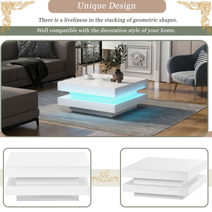 Wit Vierkant Hoogglans Koffietafel Met 360 Grade Draaiende Bo-oppervlak, Teetafel Met 16-Kleur LED-lig, 70x70x36 Cm