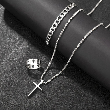 Retro Dark Cross Necklace Three-Piece Set