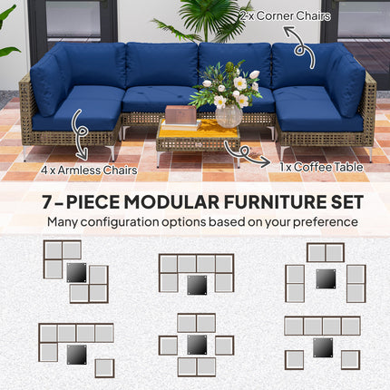 7-stuk Rattan Patio Meubelstel, Modulêre Buitelug-seksiebank met Verdikte Kussings, Akasiahouttafel, Bruin/Blou